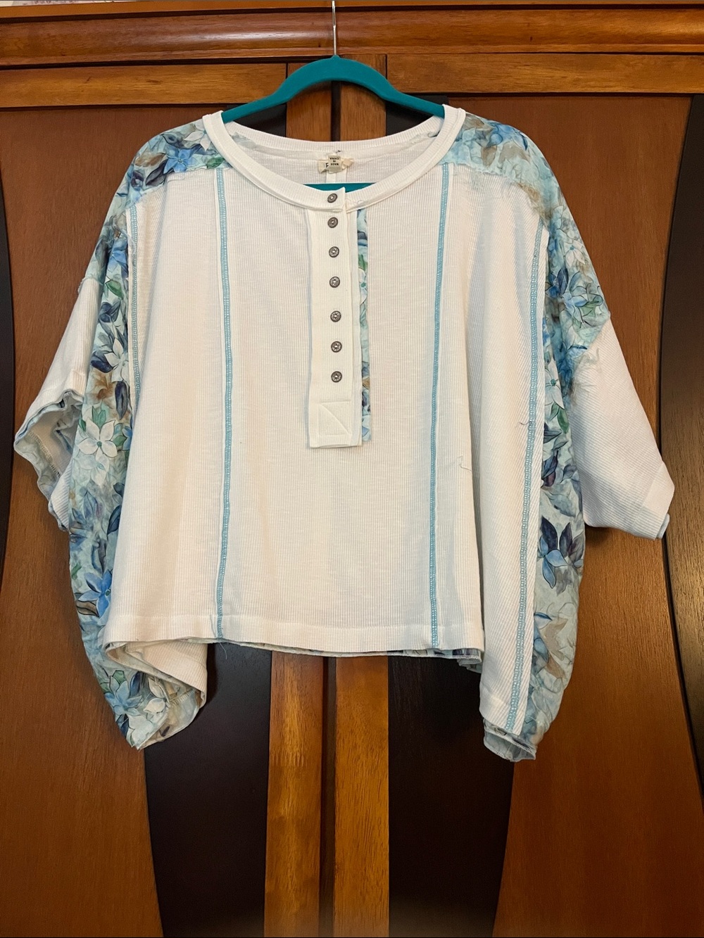 Relaxed Cream Henley Top with Blue Floral Sleeves